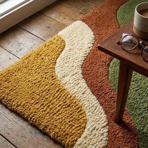 Mid Century Modern Abstract Rug | Plush Earth Tone Carpet | Boho Living Room Decor image 3