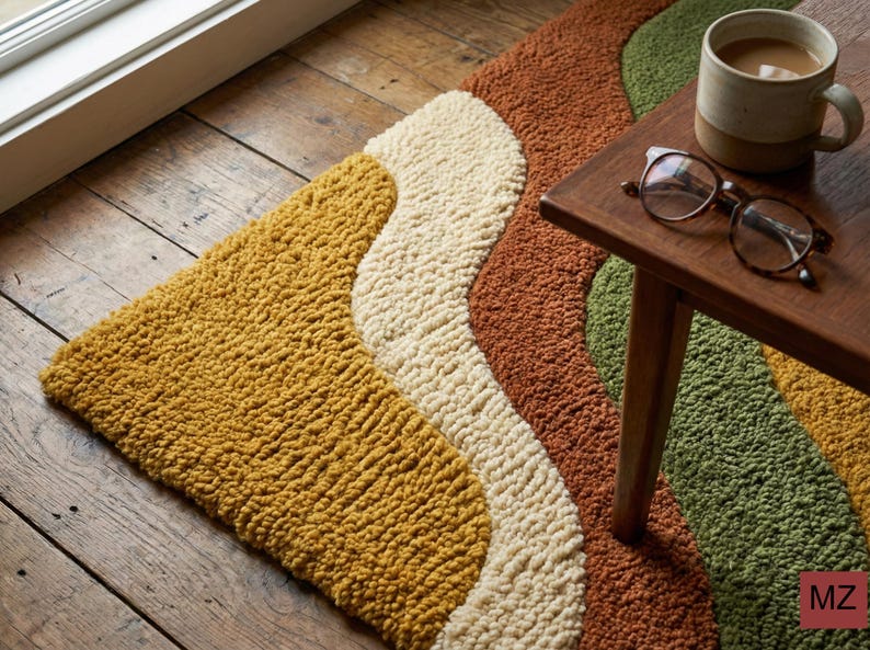 Mid Century Modern Abstract Rug | Plush Earth Tone Carpet | Boho Living Room Decor image 3