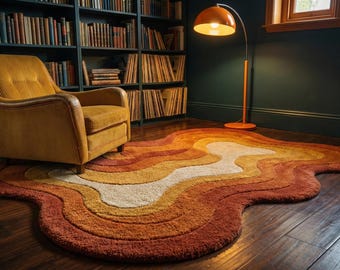 Alfombra de lana tejida a mano / Alfombra abstracta retro de los años 70 / Diseño ondulado en terracota y mostaza
