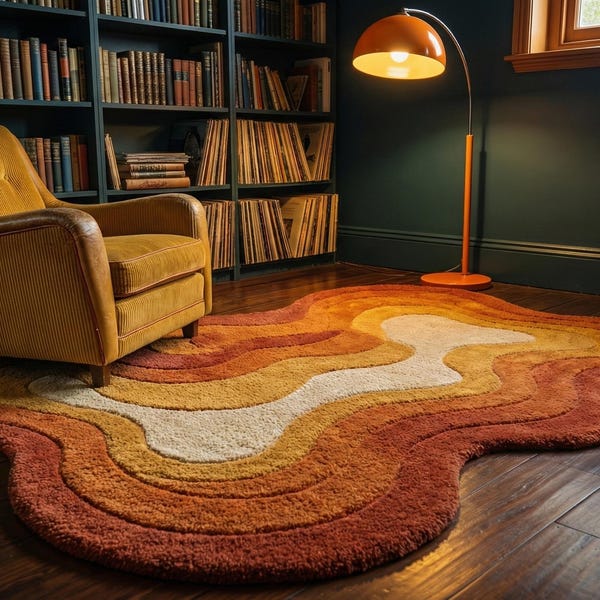 Hand Tufted Wool Rug | 70s Retro Abstract Area Rug | Wavy Terracotta & Mustard Design