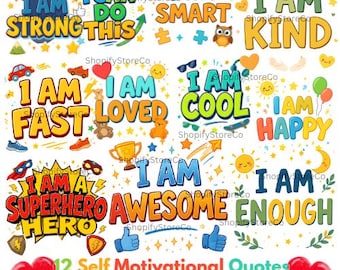 Kids Motivational Quotes Clipart, Positive Affirmations (Digital Stickers)