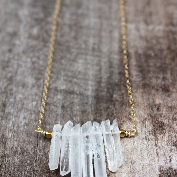 Crystal Quartz Bar Necklace - Gold filled chain with crystal quartz needles, gold bar necklace, quartz necklace, raw quartz, gemstone bar