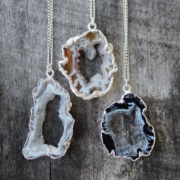 Geode Necklace - Silver edged agate necklace, raw gemstone jewelry, druzy necklace, boho jewelry, raw crystal jewelry, sterling silver chain
