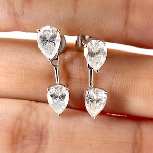 14 kt gouden peergeslepen labgegroeide diamanten oorbel: handgemaakte oorbellen met drie stekels, jubileumcadeaus (set met jasje en studs)