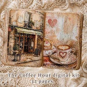 Può includere: Libro aperto con arte digitale di una scena di caffè e una tazza di caffè con un cuore. Il testo "The Coffee Hour digital kit" e "32 pages" è in basso. La tavolozza dei colori è calda con marroni, creme e rossi.