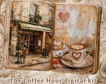 Coffee Hour Junk Journal Kit, Vintage Cafe Ephemera Pages (Digital Download)