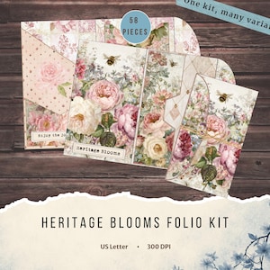 Pode incluir: Um kit de fólio Heritage Blooms contendo 58 peças de papel efêmero. O conjunto apresenta padrões florais com rosas cor-de-rosa e brancas, abelhas e etiquetas de texto incluindo Enjoy the journey e Heritage Blooms. Formato US Letter, 300 DPI.