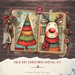 May include: An open book titled Folk Art Christmas Digital Kit with 35 pages. The left page shows a colourful layered Christmas tree, and the right page features a reindeer with a red nose and scarf. The book is decorated with ribbons, bells, and charms.