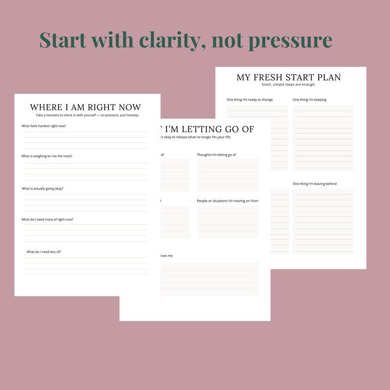 May include: Three white paper planners with text, including "Start with clarity, not pressure" and "My Fresh Start Plan." The planners have prompts for self-reflection and goal setting, with lined spaces for writing.