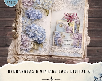 Hydrangeas and Vintage Lace junk journal kit, Shabby Chic Vintage Ephemera Pages (Digital Download)