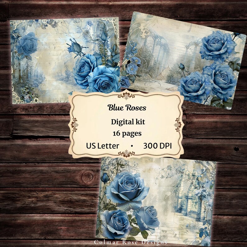 Blue Roses Digital Kit: Junk Journal Ephemera (US Letter, 300 DPI JPG ...