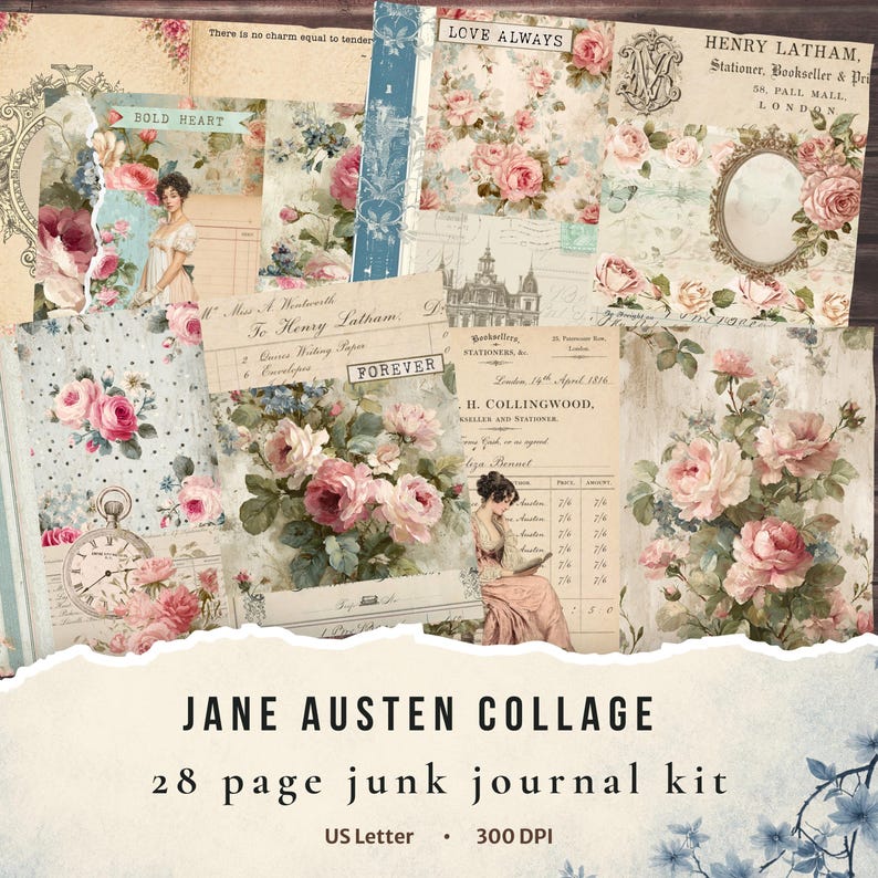 Jane Austin Roses Jane Austen Collage Kit – Pride and Prejudice. Junk Journal Kit, 28 ...
