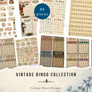 May include: A collection of 88 vintage-style bingo game pieces, including numbered cards, calling cards, and markers. The set features various designs with holiday themes, bingo hall branding, and a numbered grid sheet, all presented in a retro aesthetic.