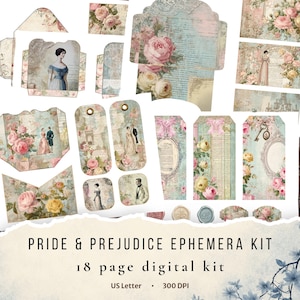 May include: A digital ephemera kit with a Pride & Prejudice theme. The kit includes various paper elements like tags, envelopes, and cards, adorned with vintage illustrations of roses and couples in period attire. The text "Pride & Prejudice Ephemera Kit" is displayed.