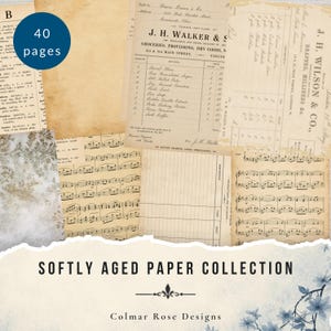 May include: A collection of softly aged paper with a variety of textures and designs. The image includes vintage receipts, sheet music, and lined paper. A blue circle indicates "40 pages". The text "Softly Aged Paper Collection" is displayed.