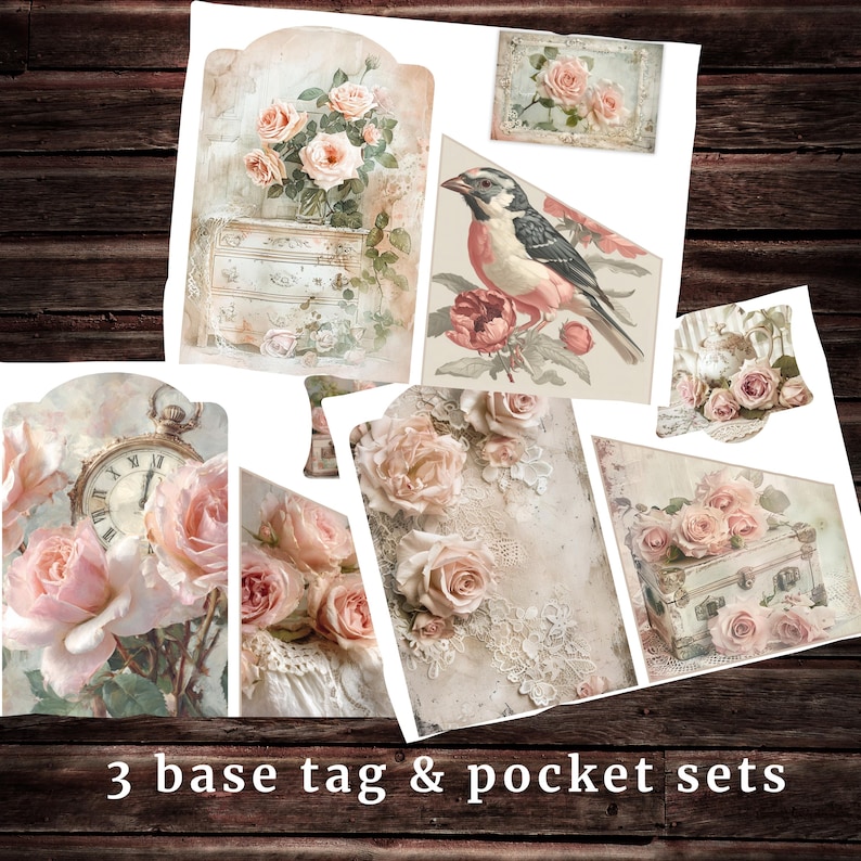Shabby Chic Loaded Tag Kit, Junk Journal Ephemera, Vintage Rose Pockets ...