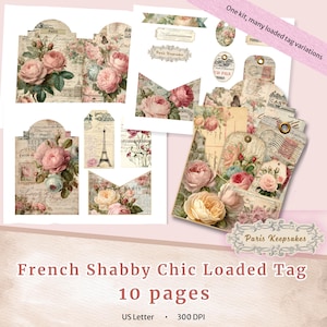 Puede incluir: Un conjunto de etiquetas cargadas de estilo shabby chic francés con diseños florales y vintage. Las etiquetas presentan rosas, sobres e ilustraciones de la Torre Eiffel. El texto "Paris Keepsakes" y "10 páginas" es visible. El kit incluye muchas variaciones de etiquetas.