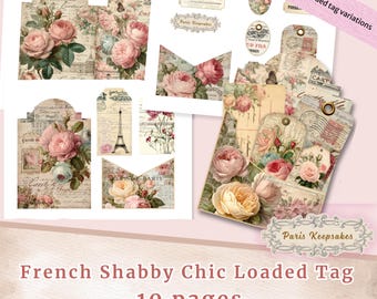 French Shabby Chic Loaded Tag Kit, Printable Ephemera Pages