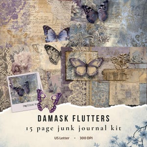 Pode incluir: Uma colagem com borboletas e elementos de papel vintage em tons de roxo, azul e creme. O texto "DAMASK FLUTTERS" e "15 page junk journal kit" são visíveis. A imagem tem uma estética envelhecida e antiga.