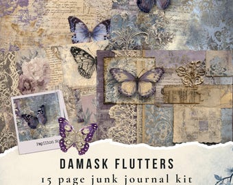 Damask Flutters junk journal kit, Vintage French Butterfly collection (Digital Download)