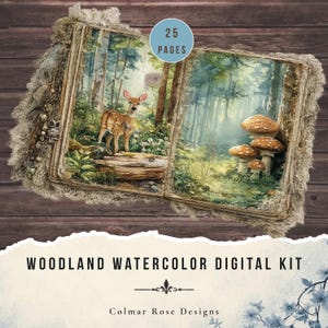 Peut inclure: Un livre ouvert avec une scène d'aquarelle de forêt représentant un cerf, des champignons et des images de forêt. Le livre a une bordure en dentelle et le texte "25 PAGES" est dans un cercle bleu. Les mots "WOODLAND WATERCOLOR DIGITAL KIT" et "Colmar Rose Designs" sont également visibles.