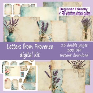 May include: A digital kit titled "Letters from Provence" featuring vintage-style paper, tags, and lavender illustrations. The design includes torn edges, stamps, and a teal vase. Text includes "Beginner Friendly" and "Instant download."