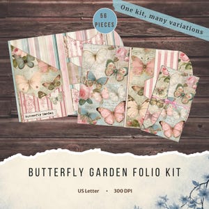 May include: A Butterfly Garden folio kit containing 56 pieces with various paper designs featuring butterflies, pink roses, and striped patterns. The kit includes envelopes and folders with text reading Butterfly Garden and One kit, many variations.