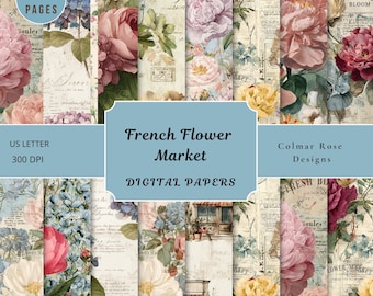 French Flower Market Paper Pack | Shabby Chic Floral Backgrounds (Digital Download)