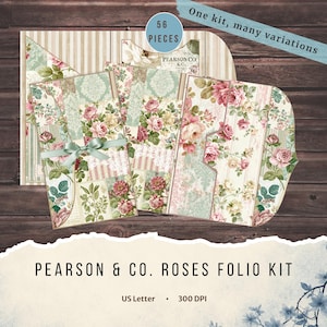May include: A Pearson & Co. Roses Folio Kit featuring 56 pieces with floral patterns, stripes, and damask designs in shades of pink, green, and cream. The kit includes folded paper envelopes and folders, with one tied by a light green ribbon.