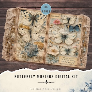 May include: An open scrapbook with 35 pages featuring butterfly and floral illustrations. The pages display various butterfly species, dried flowers, and text including "Specimen" and "What if I fall? Oh, but my darling, what if you fly?" with lace trim.