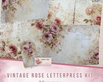Vintage Rose Letterpress Kit, Junk Journal Pages , Shabby Chic Florals  (Digital Download)