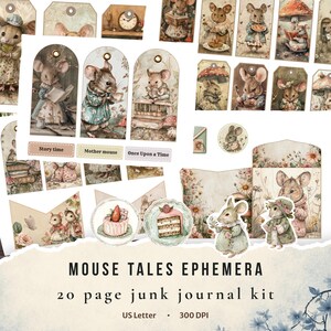 Puede incluir: Una colección de efímeros de papel con ilustraciones de ratones antropomórficos con ropa vintage, incluyendo etiquetas, recortes circulares y tarjetas rectangulares. El texto dice Story time, Mother mouse, Once Upon a Time y MOUSE TALES EPHEMERA.
