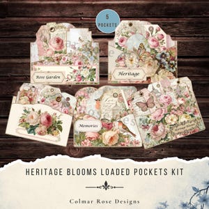 May include: A set of five paper pockets featuring floral designs with roses, butterflies, and birds. The pockets include labels with the text Rose Garden, Heritage, Memories, and Heritage Blooms. Each pocket has a metal eyelet at the top for hanging.