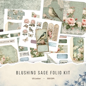 May include: A Blushing Sage folio kit featuring printed sheets with sage green backgrounds, vintage handwriting, pink roses, butterflies, and birds. The kit includes various tags, labels, and ephemera with text like Paris, France, and 463202.