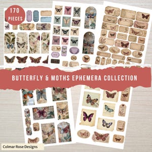 Peut inclure: Collection de 170 pièces d'éphémères papillons et papillons de nuit. L'ensemble comprend des étiquettes, des étiquettes et du papier décoratif avec des illustrations vintage de papillons et de papillons de nuit en marron, bleu et violet.