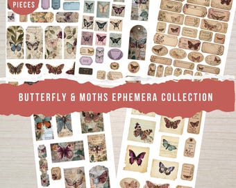 Butterfly and Moths Ephemera Collection. Tags, tickets and fussy cuts (Digital download)