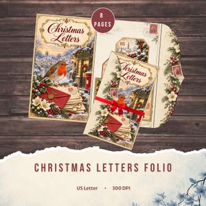 May include: A Christmas Letters folio set featuring 8 pages with a robin, post office, and envelopes. The design includes the text Christmas Letters, 8 PAGES, and CHRISTMAS LETTERS FOLIO. The set is US Letter size at 300 DPI, showcasing winter scenes with pine cones and red berries.
