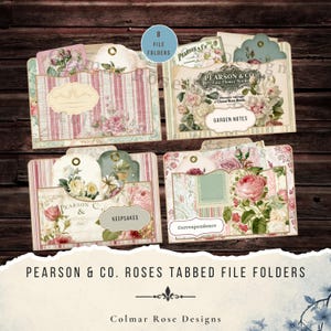 May include: A set of eight tabbed file folders featuring floral patterns, rose illustrations, and vintage-style labels. The folders include text such as Pearson & Co, Garden Notes, Keepsakes, and Correspondence, with decorative tags tucked into pockets.
