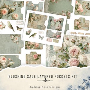 May include: A Blushing Sage Layered Pockets Kit featuring printed paper ephemera with sage green backgrounds, vintage floral patterns, pink roses, butterflies, and small birds. The set includes various pocket shapes, tags, and labels with text.