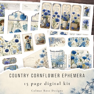 May include: A collection of vintage-style ephemera featuring blue cornflower illustrations. The set includes postcards, tags, and decorative elements with floral and botanical designs. The text "COUNTRY CORNFLOWER EPHEMERA" and "15 page digital kit" are visible.