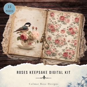 Può includere: Libro aperto con illustrazioni floreali e di uccelli. Una pagina presenta un uccello sopra una tazza di tè piena di rose. La pagina opposta ha un motivo a rose. Il testo "Roses Keepsake Digital Kit" è in basso.