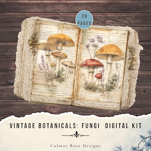 May include: An open journal with cream-colored pages featuring illustrations of various mushrooms and botanical elements. The edges are trimmed with white lace, and gold-toned charms hang from the sides. Text on the image reads 28 PAGES.
