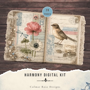May include: An open book with 28 pages featuring vintage-style illustrations of a bird, flowers, and a dragonfly over musical notation and script. The left side is decorated with lace, pearls, and blue gems. Text reads Harmony Digital Kit.