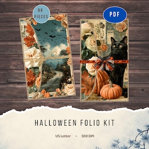 Pode incluir: Um kit de fólio de Halloween com dois painéis retangulares com bordas decorativas. O painel esquerdo mostra uma paisagem com morcegos e flores de outono. O direito exibe um gato preto, abóboras e rosas. O texto inclui 68 PIECES e PDF.