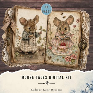 Peut inclure: Un livre ouvert de 30 pages illustré de souris habillées. La page de gauche montre une souris en tenue à carreaux, tandis que la page de droite représente une souris avec un gâteau. Le livre est orné de dentelle, d'une clé et d'un cœur.