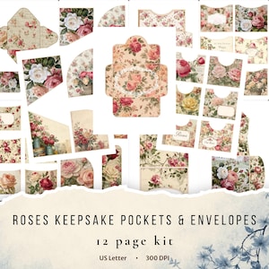 May include: A 12-page kit of printable paper craft supplies featuring roses keepsake pockets and envelopes. The collection includes various floral patterns with pink, white, and yellow roses on a cream background, with text reading ROSES KEEPSAKE POCKETS & ENVELOPES, 12 page kit, US Letter, 300 DPI.