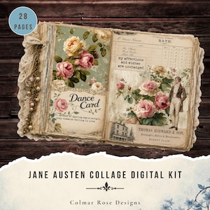 May include: Open vintage-style book with floral and text elements. The left page features a "Dance Card" with a floral design and text. The right page has a man illustration and text. The book is part of a "Jane Austen Collage Digital Kit".