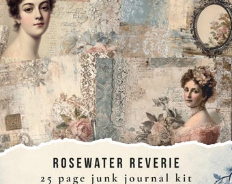 Rosewater Reverie junk journal Kit. 25 Shabby Chic journal pages (Digital Download)