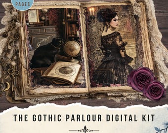 May include: An open book with aged pages, featuring gothic-themed illustrations. One page shows a black cat, a globe, and an open book. The other page displays a woman in a black dress. The text "THE GOTHIC PARLOUR DIGITAL KIT" is at the bottom.