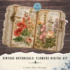 May include: An open journal with cream-colored pages featuring botanical illustrations of red, pink, and yellow flowers, butterflies, and script text. The edges are trimmed with white lace, and metal charms hang from the sides. Text includes 35 PAGES.